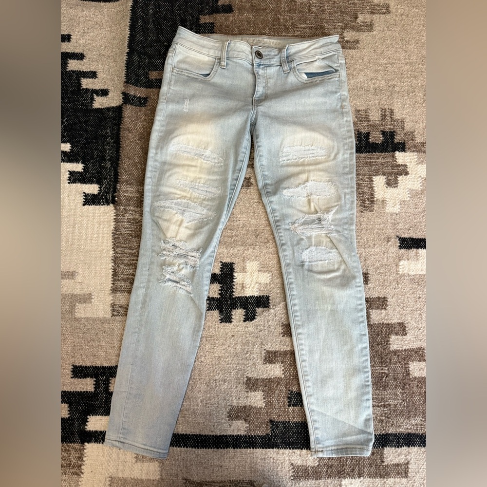 American Eagle Outfitters Light Blue Distressed Super Low Jeggings Jeans